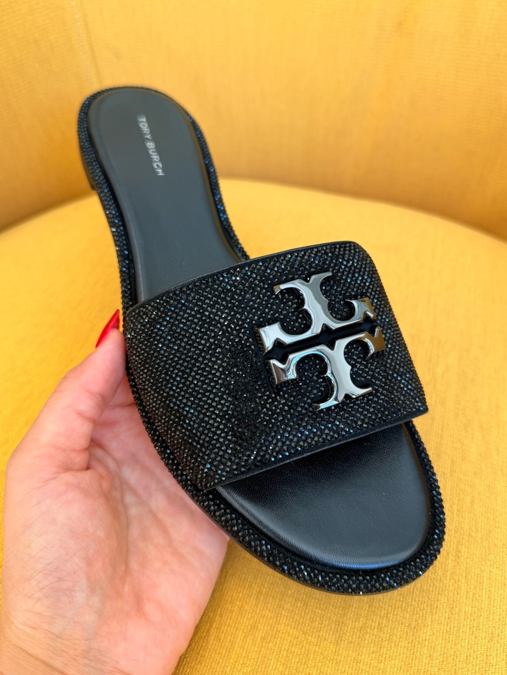 Tory Burch Everly Crystal Slide Sandals Black Women’s RUNS SMALL Size 9